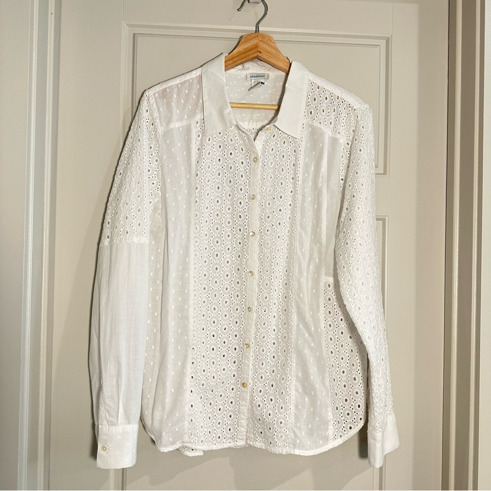 Sundance White Cotton Eyelit Long Sleeve Top Size Large - Picture 2 of 8